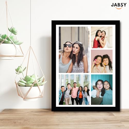 Image of JABSY Engineered Wood Personalised Couple Tabletop & Wall Mount Rectangular Framed Print - Living Room, Bedroom, Office - Engagement Wedding Birthday Anniversary Gift (Collage 05 Photos), Black