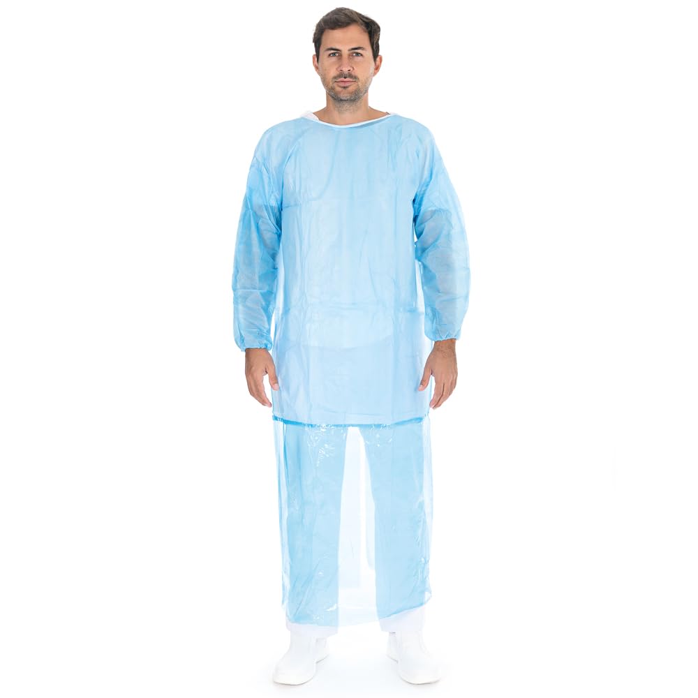 FRANZ MENSCH 100 Stück Hygostar Kittel Duo mit Perforation | PP/PE, weiß-blau, XL, L: 156cm, Umfang: 142cm, mit Perforation, Karton, Einwegkittel, Schutzkittel, Medizinischkittel