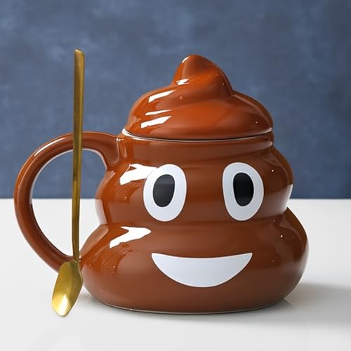 Lmuwecno Poop Coffee Mug with Spoon, Funny Cartoon Smile Coffee Cup with Handgrip Lid for Tea, Office Daily Drinking, 400ml Humor Gift for Families and Friends (Style A)