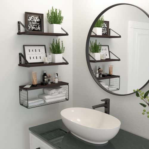 Dollfio Floating Shelves For Bathroom With Basket, Wooden Wall Shelves, Floating Shelves For Wall Décor, Wall Mounted Floating Shelf For Bathroom, Floating Shelf For Wall, Living Room–Rustic Brown #TOP6