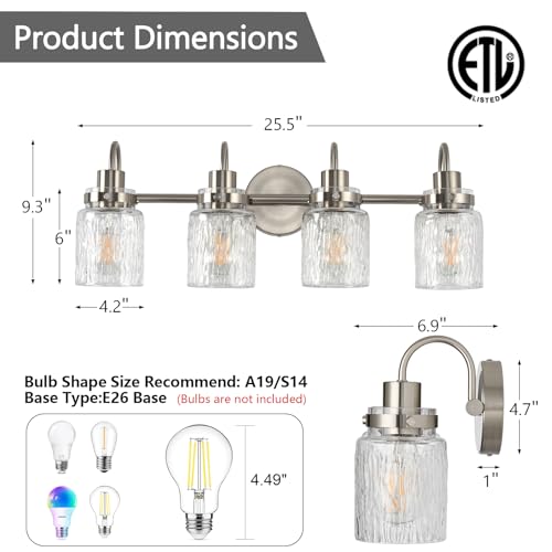 Image of 4 Lights Hammered Glass Bathroom Vanity Light,Brushed Nickel | Easy Installation,Up or Down,Farmhouse Modern Style,E26 Socket,ETL Certification