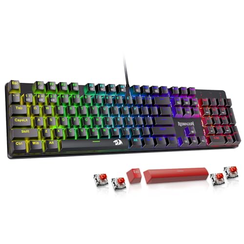 Redragon Mechanical Gaming Keyboard Wired, 11 Programmable Backlit Modes, Hot-Swappable Red Switch, Anti-Ghosting, Double-Shot PBT Keycaps, Light Up Keyboard for PC Mac