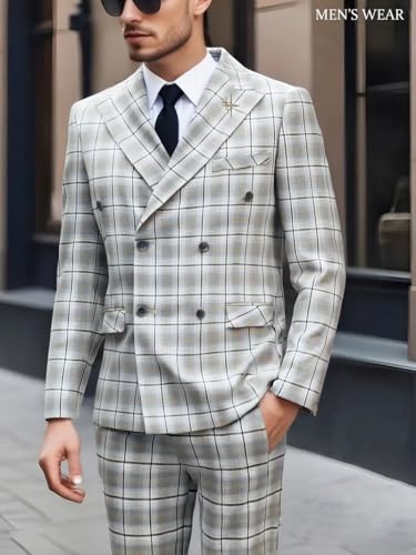 Mens Plaid 2 Piece Suits Slim Fit Double Breasted Plaid Suit ， Wedding Casual Homecoming Tuxedo Jacket Pants Set2