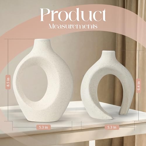 Set of 2 Elegant Donut Style Ceramic Vases – Boho Nordic Romantic Hugging Flower Decorative Vases for Pampas Grass, Bedroom, Living Room, Mantle, Book Shelf, Entryway Table 8.4 Inch Beige - Image 6