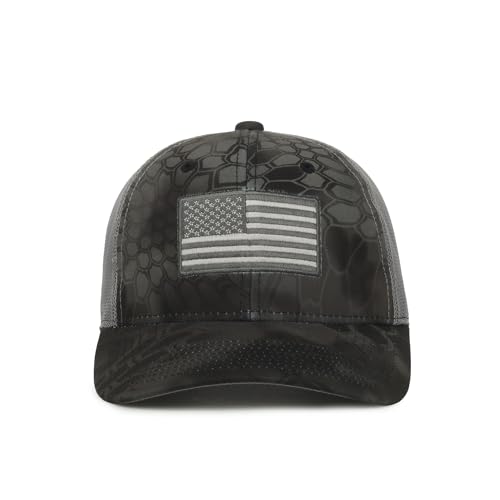 Image of Camouflage Flag Patch Trucker Hat - Cotton Canvas, Mesh Back, Structured High Crown, Plastic Snap Closure, One Size