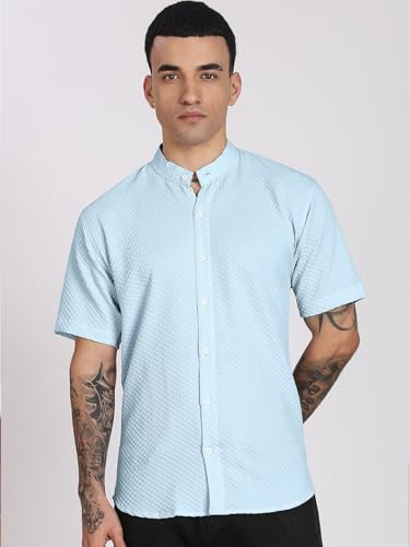 Image of Men's Regular Fit Solid Casual Shirt - Short Sleeve, Mandarin Collar, Lightweight Polyester, Stylish Everyday Wear