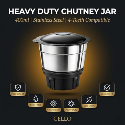 Image of CELLO Stainless Steel Chutney Jar 400ml for Mixer Grinder | Leak-Proof Lid | Food-Grade SS Body | 4 Teeth Compatible | Heavy Duty Grinding Jar for Chutney, Masala & Spices