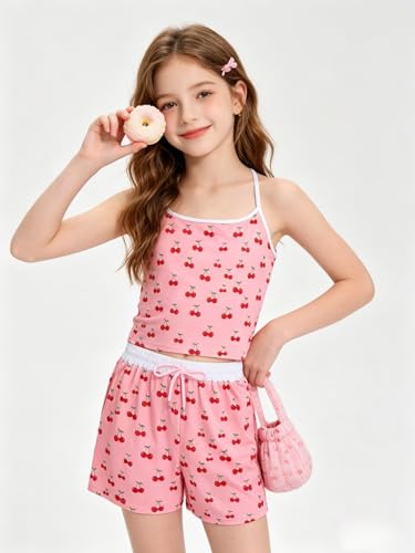 Image of Size 7-14Y Girls Clothes 2 Piece Outfits Striped Tank Top Drawstring Shorts Teen Girls Summer Clothing Sets