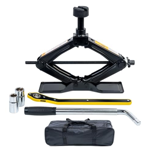 Image of Scissor Jack 1.8 Ton Kit for Car SUV Truck | Ratchet system. Oversized base. Includes lug wrench, gloves, storage bag. For sedan SUV truck.