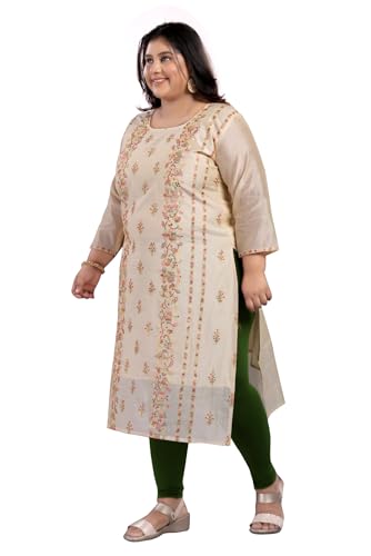 Image of DREAM & DZIRE Women's Chanderi Cotton Kurti | Floral Hand Embroidery | 3 /4 Sleeve | Round Neck | Calf Length Straight Kurta | Beige | S to 8XL Plus Size