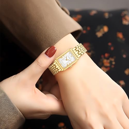 gold watches for women with vintage rectangular casewhite roman dialstainless steel bandadjustment tool includedwater resistant