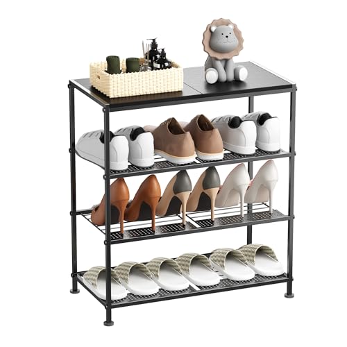 ZEXVIDA 4 Tier Shoe Rack,Shoe Storage Organizer Heavy Duty Shoe Shelf with Metal Mesh Shelves,Height Adjustable Shoe Tower for Entryway, Hallway, Closet, Dorm Room (Black)