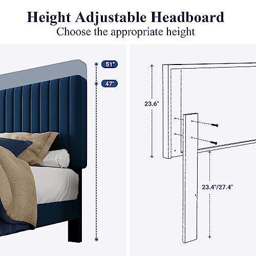 Image of Allewie King Bed Frame, Velvet Upholstered Platform Bed with Adjustable Vertical Channel Tufted Headboard, Mattress Foundation with Strong Wooden Slats, Box Spring Optional, Easy Assembly, Navy Blue