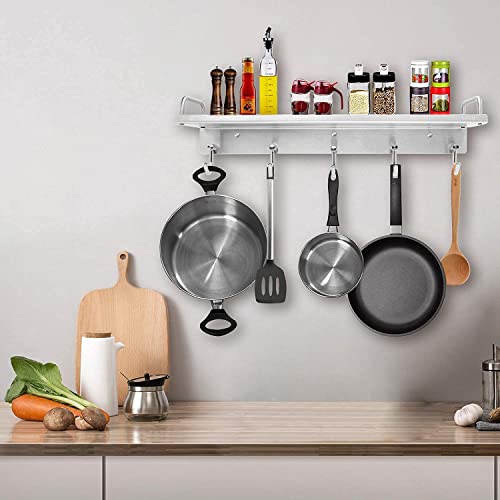 Audmore Pots Pans Hanging Rack And Spice Rack With Hookswall Mounted, Stainless Steel Spice Rack Organizer Kitchen Utensil Wall Storage Shelf With 5 Hooks Pan Pot Hanger Seasoning Jar Holder #TOP2