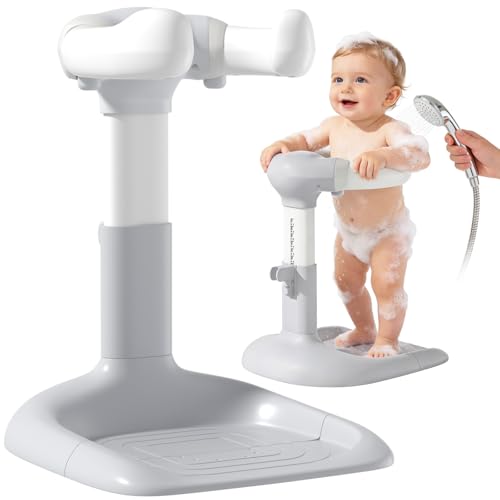 Upgraded Baby Shower Stand with Anti-Pinch Silicone & Anti-Slip Base Adjustable Height Baby Bath Standing Support Soporte para Baera de Beb Assist Holder for 6-36 Months Toddler Ideal Gift Gray