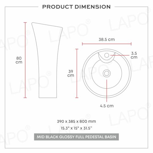 Image of LAPO Pedestal Wash Basin, Ceramic Standing Pedestal Wash Basin for Bathroom, One Piece Wash Basin for Bathroom and Living Room and Home 15x15x31.5 Inch, Black) -MID