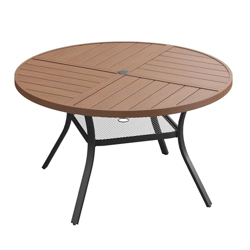 Image of VICLLAX 47.2 inch Round Outdoor Table, Patio Dining Table for 6 with Umbrella Hole for Garden Lawn Deck Backyard, Walnut