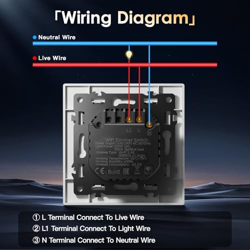 BSEED WiFi Dimmer Schalter mit PC Rahmen,1 Fach 1 Weg Smart Dimmschalter, Kompatibel mit Amazon Alexa & Google Home, Lichtschalter Dimmbar f&uuml;r led lampen 240V,Wei&szlig;(Neutralleiter Erforderlich)