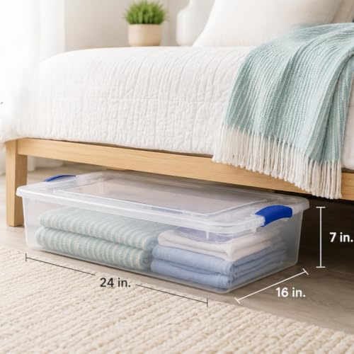 Image of 32 Quart Clear Latching Storage Bin with Lid, Under Bed Storage Container, Stackable Plastic Bin for Linens, Seasonal Clothes