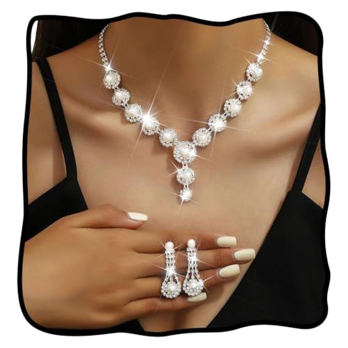 Nicute Pearl Jewelry Set Sparkly Rhinestone Necklace Earrings Sets Prom Costume Bridal Jewelry Set for Women