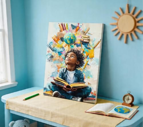 Image of Black Boy Reading Canvas Wall Art Inspirational Books For African American Boys Painting Picture Wall Decor African Boy Poster Print Artwork for Teenagers' Living Room Study Home Decoration 12x16in
