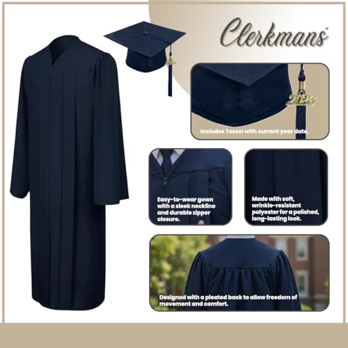 Image of CLERKMANS Unisex Matte Graduation Cap Gown Tassel Package, High School and University