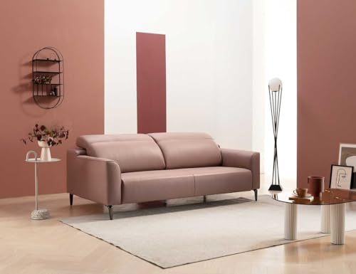 Image of Fabrique Styles 3 Seater with Puffy Moden Design Leatherette Pink Sofa with Moveable Headrest Sturdy Design with a Lightweight Frame & Stainless Steel Legs | Furniture for Home Office & Living Room