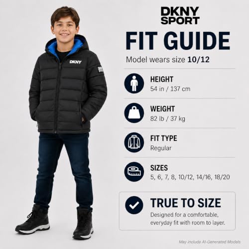 Image of DKNY Boys Winter Jacket, Midweight Puffer Coat, Weather Resistant, Hooded