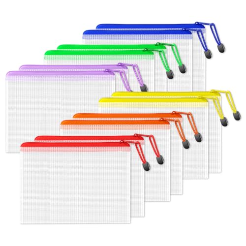 Image of SUNEE Plastic Mesh Zipper Pouch 6.8x9.2 in (6 Colors, 12 Packs), Small Water-Resistant Zip Bag for School Office Supplies, Pencil Organizing Storage
