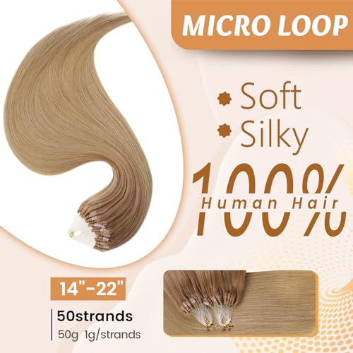 RUNATURE Micro Ring Hair Extensions Human Hair Brown Ombre Blonde Micro Loop Hair Extensions Blonde Balayage Micro Beads Hair Extensions Human Hair 22 Inch 50g 1g/Strand - Image 2