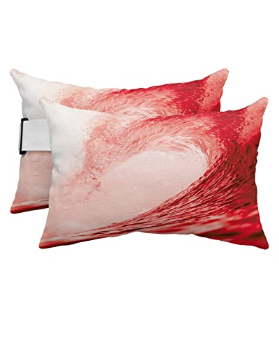 Pack of 2 Surfing Huge Sea Water Waves Lumbar Pillow Covers, Outdoor Waterproof Throw Pillow Covers Set, Summer Red Scene Art Print Decorative Cushion Case for Patio Beach, 12x20 Inch