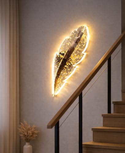 Image of SINOMAN Inbuilt LED Led Feather Wall Light Golden Leaf Design 3 Step Adjustable Color Changing Stylish Decorative Ambient Lighting Perfect for Living Room, Bedroom, Balcony, Cafe, Home Decoration