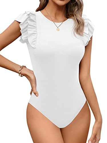 Missufe Body para mujer elegante cuello redondo volantes manga corta