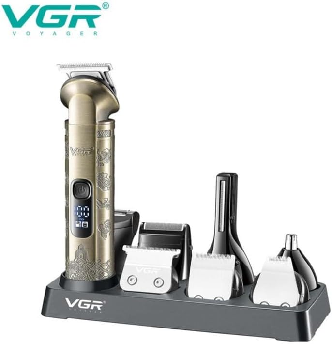 VGR V-110 Multi-Grooming Kit main unit and various heads neatly arranged on its charging and storage base.