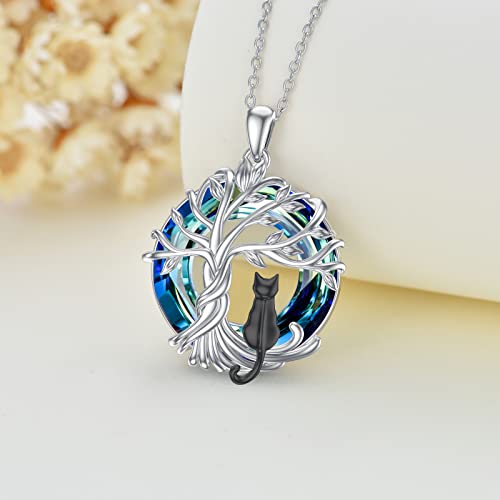 TOUPOP Cat Gifts for Cat Lovers Sterling Silver Cute Cat Tree of Life Pendant Necklace with Blue Circle Crystal Birthday Christmas Jewelry Gifts for Women2