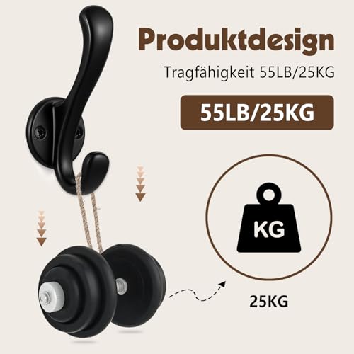 Dntorx 6 Stück Garderobenhaken Schwarz, Kleiderhaken Wand Schwerlaste Wandhaken zum Schrauben Haken Garderobe für Wohnzimmer Schlafzimmer Badezimmer Kleidung Handtuch Schals Schlüsseln