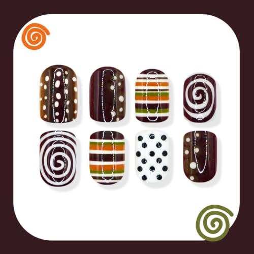 Image of Fall Press on Nails Polka Dot Nails Press ons Short Square Fake Nails 24Pcs | with Stripe Design Glossy False Nails for Women Winter Manicure,Reusable,Full Cover,Easy Apply