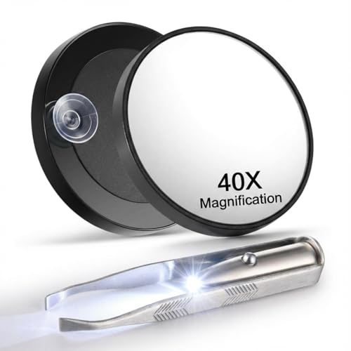 Ceoighe 40X Magnifying Mirror with Suction Cup & LED Lighted Tweezers Set, 2 in 1 Hands-Free Makeup Mirror with Light and Precision Light Up Tweezers
