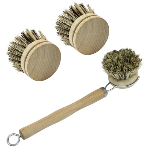 Image of 8Pcs Wooden Dish Brush Set, Coconut Brown | 8Pcs Bamboo Scrub Brush Replacement Heads, 1 Handle, For Kitchen Pots and Pans Cleaning Supplies