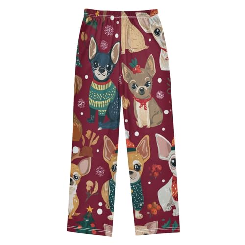 ZZXXB Christmas Chihuahua Snow Print Boys Long Pants Soft Trousers Elastic Waist Kids Lounge Bottoms with Pockets S-XL2