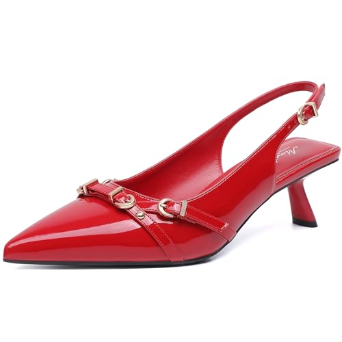 Image of Mostrin Kitten Heels for Women Pointed Toe Pumps Patent Leather Low Heel Slingback Heels with Buckle Dress Shoes for Dating Party Working