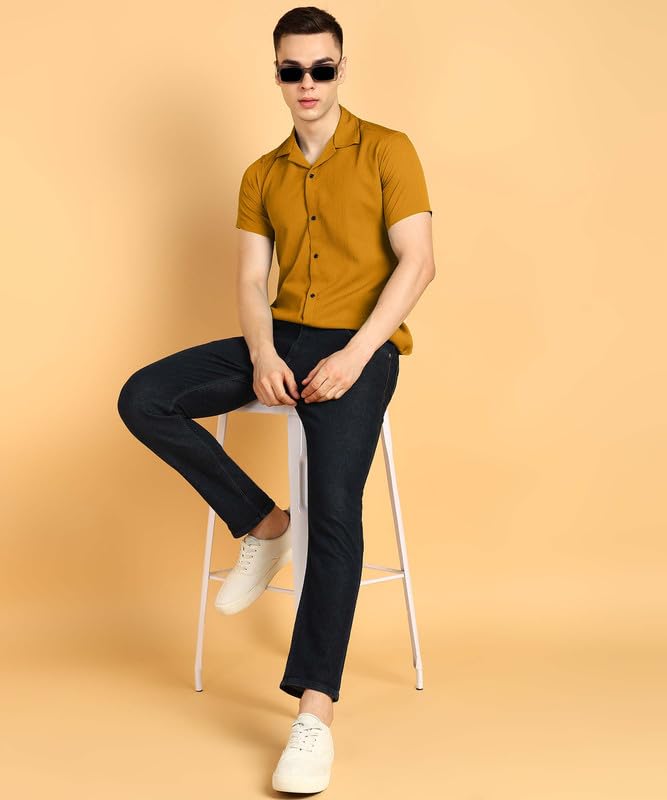 Image of COMBRAIDED Men's Solid Cotton Blend Half Sleeve Shirt - Regular Fit Casual Button-Down Shirt for Office & Travel - Summer & Spring
