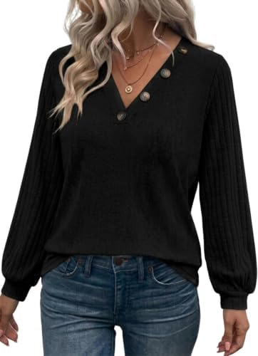 Chicrise Pullover Damen Knöpfe V-Ausschnitt Strick Ballonärmel Ribbed Warm | Herbst,Winter,Ballonärmel,Langarm,Gerippt,Knopf,V-Ausschnitt,Oversize,Locker,Elegant,Lässig,Rippstrick,