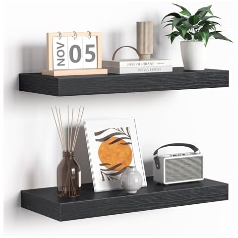 Fun Memories Floating Shelves - 16 Inch Rustic Black Wall Shelf - Wall Mounted Shelves for Wall Decor Storage - Wooden Shelves with Invisible Brackets for Living Room, Bedroom, Kitchen, 2 Pack Cover