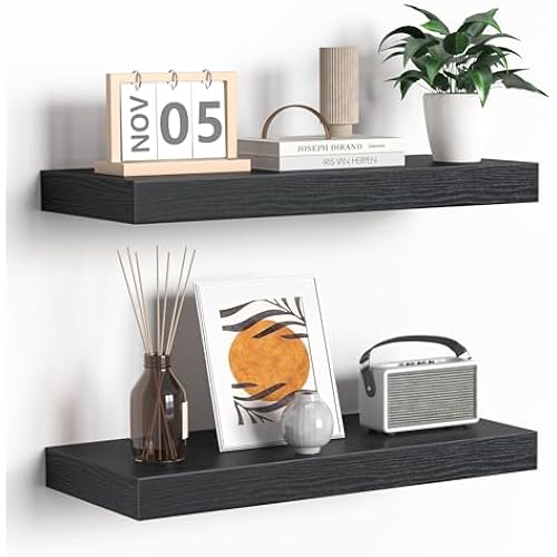 Fun Memories Floating Shelves - 16 Inch Rustic Black Wall Shelf - Wall Mounted Shelves for Wall Decor Storage - Wooden Shelves with Invisible Brackets for Living Room, Bedroom, Kitchen, 2 Pack