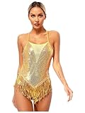 Yhong Maillot de ballet con borla con flecos para mujer, con lentejuelas, brillante, para danza, jazz, danza, ropa de ballet, dorado, S