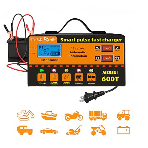AIERSUI 12V/24V Smart Battery Charger 6AH~200AH Lithium ion Battery Charger Automatic Battery MaintenancePulse Repair & Trickle Charger Suitable for Motorcycles Boats Cars Lawnmowers etc.