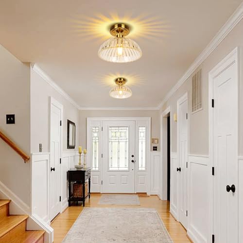 Image of JYZ Semi Flush Mount Ceiling Light, Gold Ceiling Light Fixture with Brass & Ribbed Glass Shade, Vintage Light fixtures for Hallway, Entryway, Bathroom, Kitchen, Bedroom 2-Pack