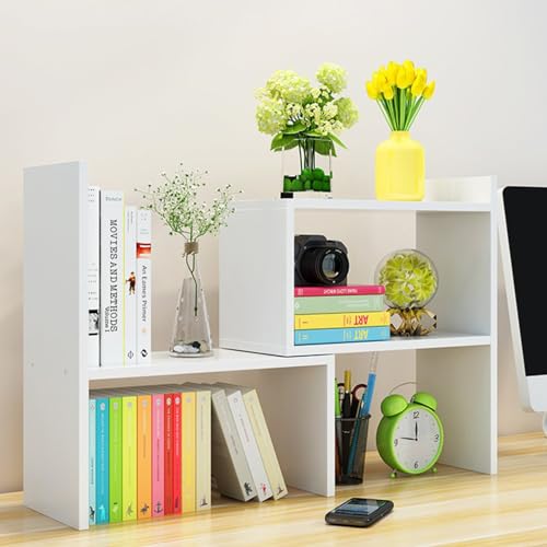 Image of PowerKing Wood Desktop Organizer, Adjustable Display Shelf Rack for Home Office Desktop Storage Supplies Organization (White)