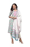 Handwäsche Kurti für Damen, indisches Tunika-Oberteil, einfarbig, bedruckt, Viskose, Baumwolle, Kurta-Kleid mit Palazzos und Dupatta, Blau & Off-White, Small